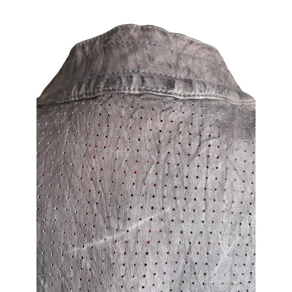 7 For All Mankind Womens Gray Leather Perforated Jacket‎ Red Lining Grunge Moto - Picture 7 of 11